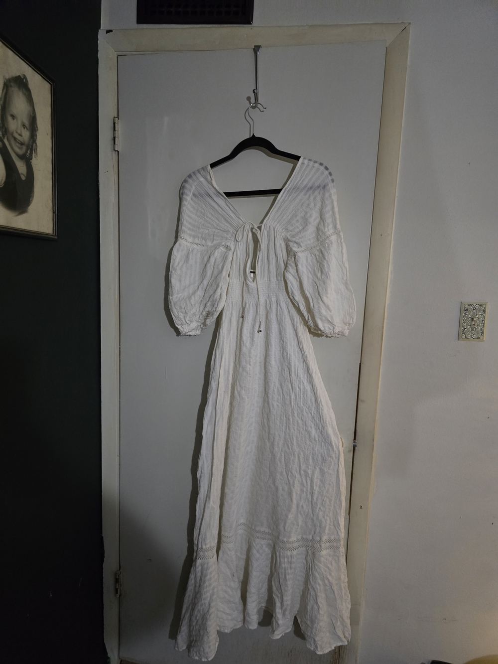 Free People White Maxi Peasant Dress with Puff Sleeves, Vintage 2009